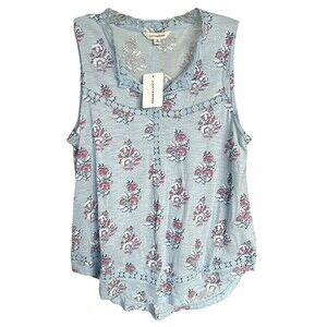Lucky Brand Women's Sleeveless Top Size Crochet Trim Size M Blue Floral